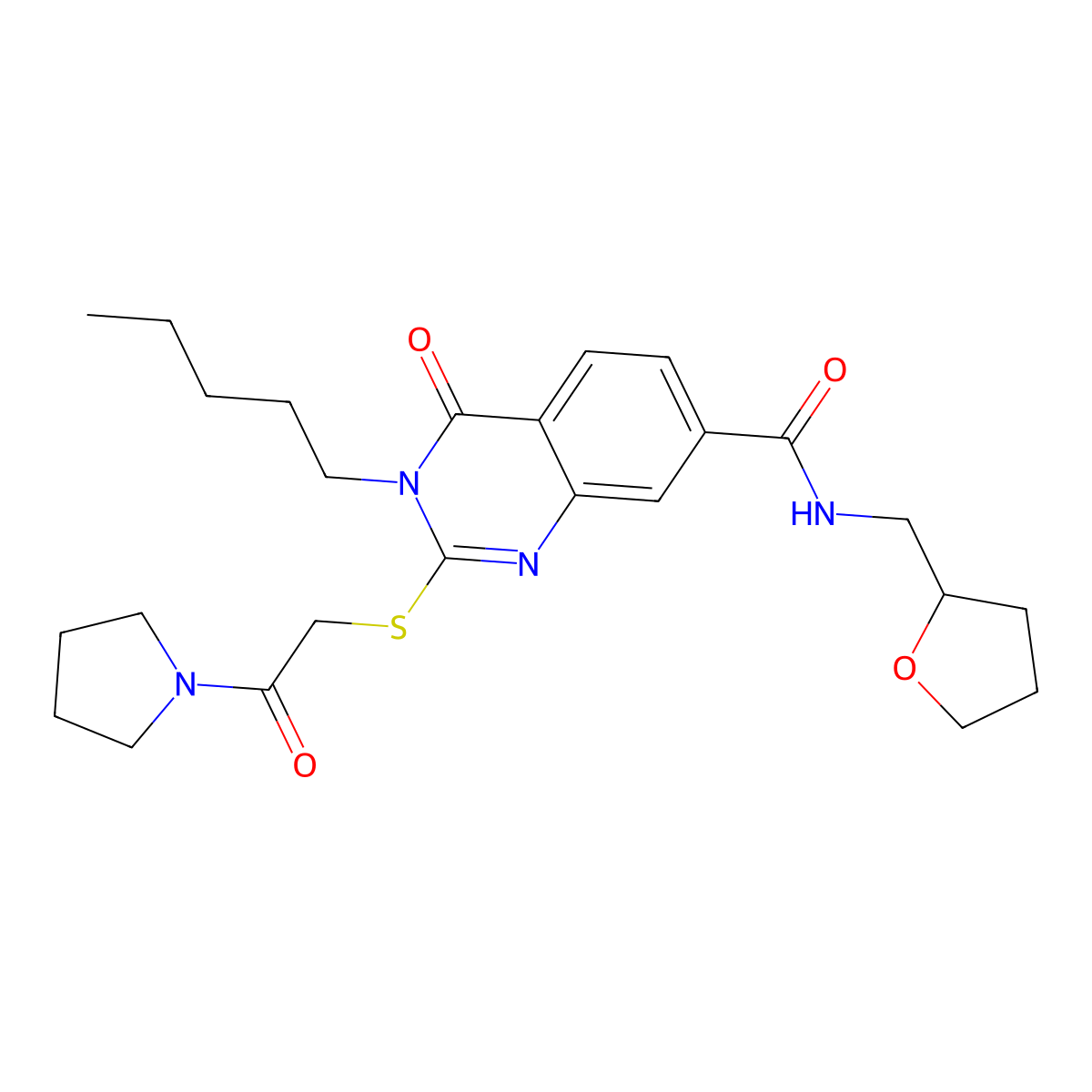 4-oxo-N-(oxolan-2-ylmethyl)-2-(2-oxo-2-pyrrolidin-1-ylethyl)sulfanyl-3-pentylquinazoline-7-carboxamide molecular structure, CAS 443348-49-0