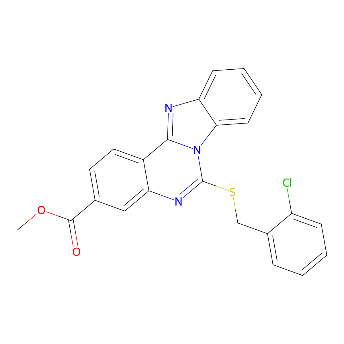 Methyl 6-[(2-chlorophenyl)methylsulfanyl]benzimidazolo[1,2-c]quinazoline-3-carboxylate molecular structure, CAS 443349-35-7