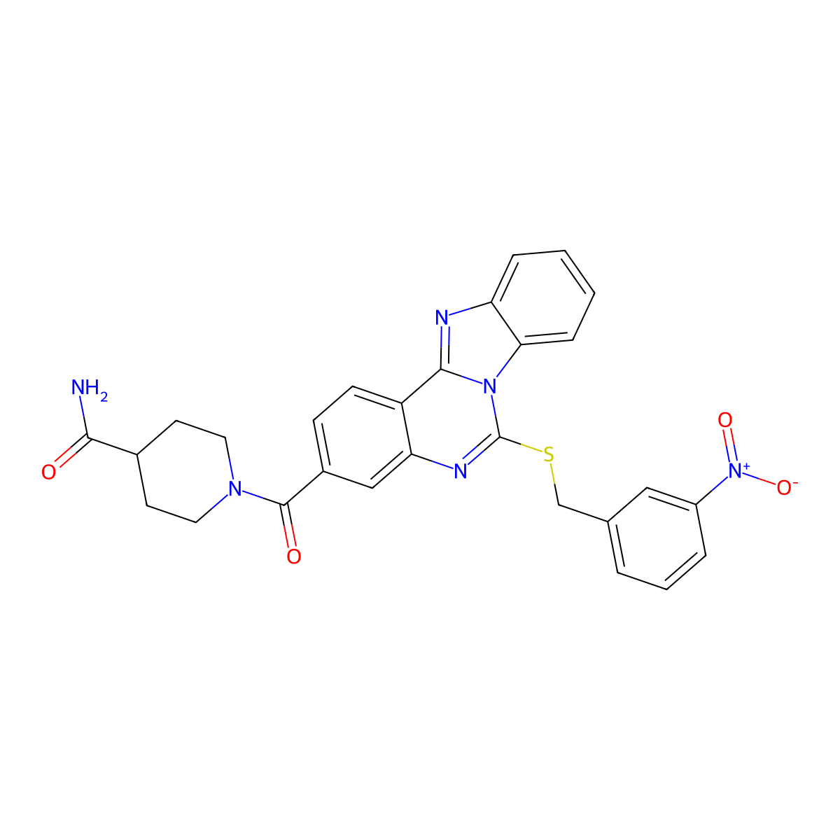 1-[6-[(3-Nitrophenyl)methylsulfanyl]benzimidazolo[1,2-c]quinazoline-3-carbonyl]piperidine-4-carboxamide molecular structure, CAS 443349-36-8