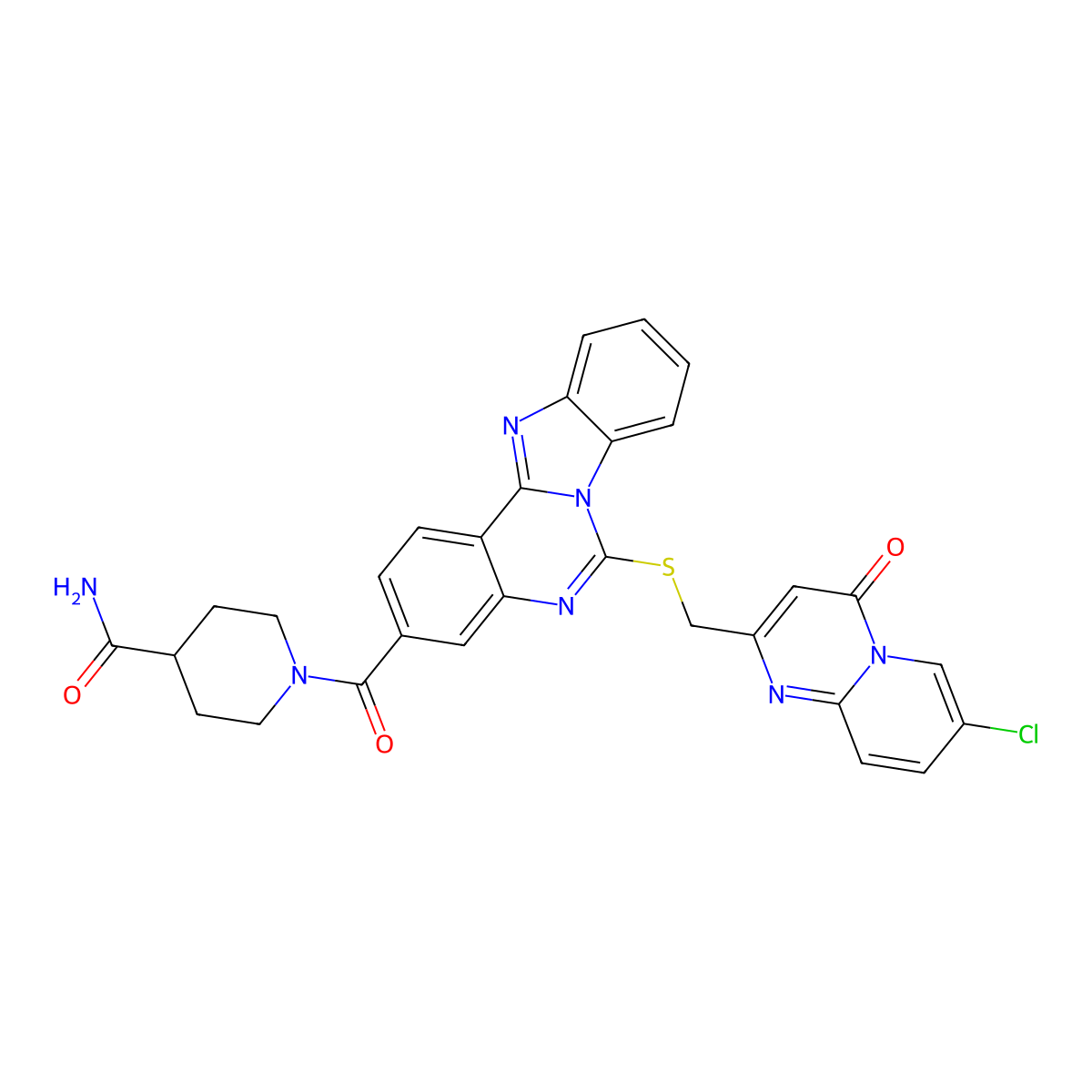 1-[6-[(7-Chloro-4-oxopyrido[1,2-a]pyrimidin-2-yl)methylsulfanyl]benzimidazolo[1,2-c]quinazoline-3-carbonyl]piperidine-4-carboxamide molecular structure, CAS 443349-38-0