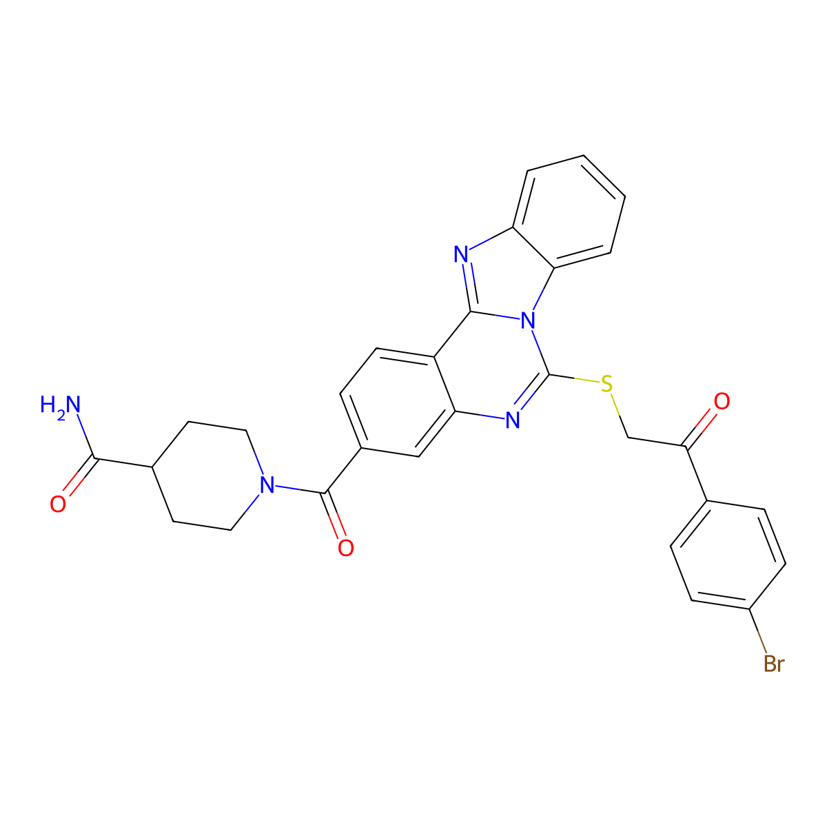 1-[(6-{[2-(4-Bromophenyl)-2-oxoethyl]thio}benzimidazo[1,2-c]quinazolin-3-yl)carbonyl]piperidine-4-carboxamide molecular structure, CAS 443349-40-4