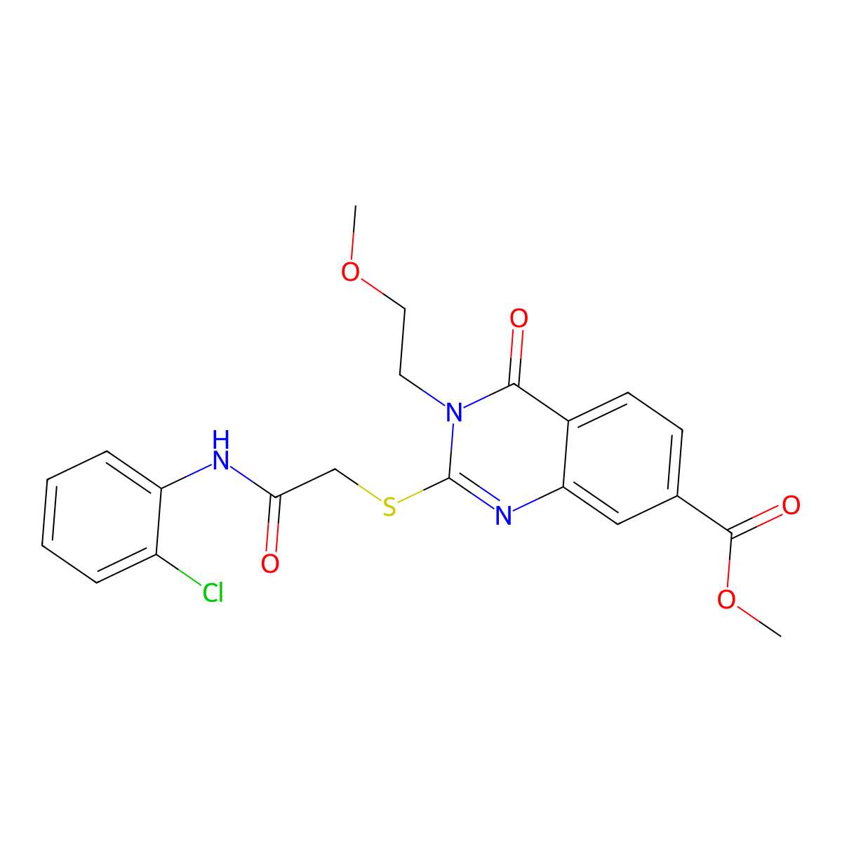 Methyl 2-[2-(2-chloroanilino)-2-oxoethyl]sulfanyl-3-(2-methoxyethyl)-4-oxoquinazoline-7-carboxylate molecular structure, CAS 443349-42-6