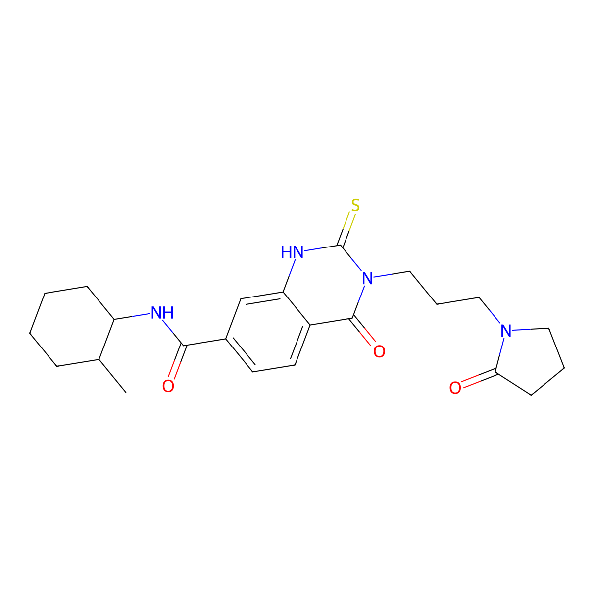 N-(2-methylcyclohexyl)-4-oxo-3-(3-(2-oxopyrrolidin-1-yl)propyl)-2-thioxo-1,2,3,4-tetrahydroquinazoline-7-carboxamide molecular structure, CAS 443349-79-9