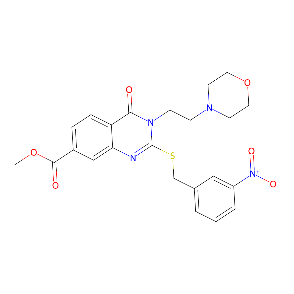 Methyl 3-(2-morpholinoethyl)-2-((3-nitrobenzyl)thio)-4-oxo-3,4-dihydroquinazoline-7-carboxylate molecular structure, CAS 443350-03-6