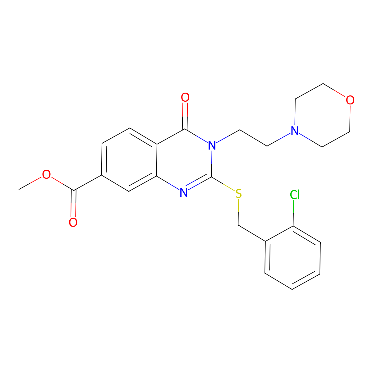Methyl 2-[(2-chlorophenyl)methylsulfanyl]-3-(2-morpholin-4-ylethyl)-4-oxoquinazoline-7-carboxylate molecular structure, CAS 443350-10-5