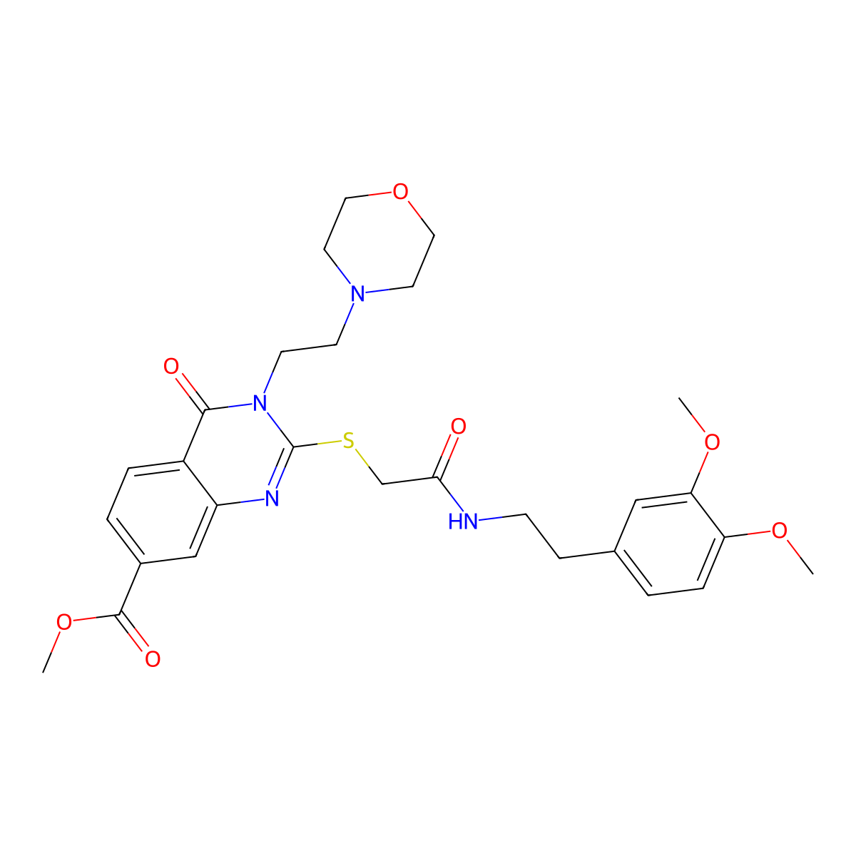 Methyl 2-[2-[2-(3,4-dimethoxyphenyl)ethylamino]-2-oxoethyl]sulfanyl-3-(2-morpholin-4-ylethyl)-4-oxoquinazoline-7-carboxylate molecular structure, CAS 443350-13-8