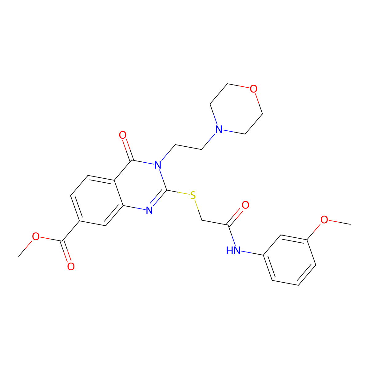 Methyl 2-[2-(3-methoxyanilino)-2-oxoethyl]sulfanyl-3-(2-morpholin-4-ylethyl)-4-oxoquinazoline-7-carboxylate molecular structure, CAS 443350-14-9