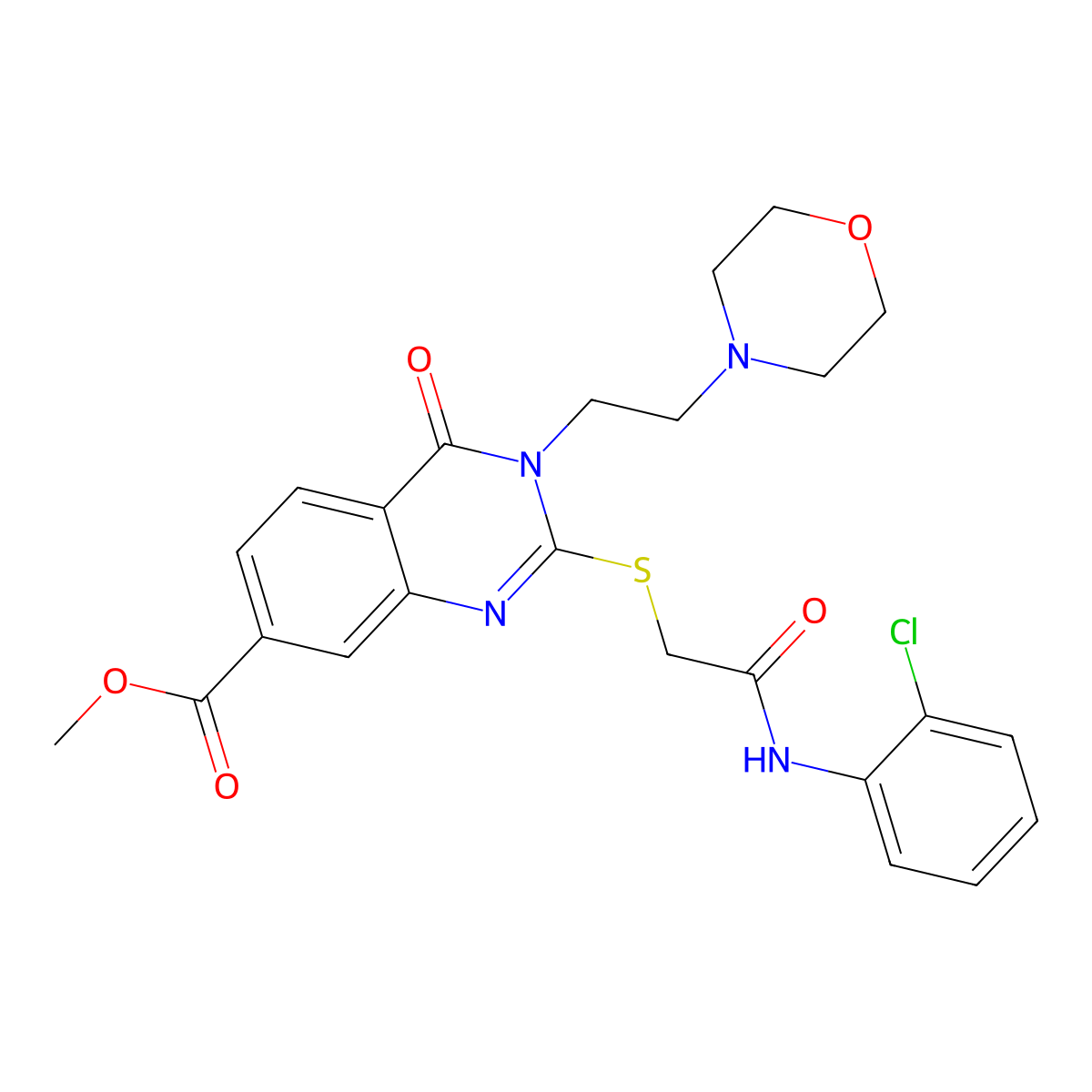 Methyl 2-[2-(2-chloroanilino)-2-oxoethyl]sulfanyl-3-(2-morpholin-4-ylethyl)-4-oxoquinazoline-7-carboxylate molecular structure, CAS 443350-16-1