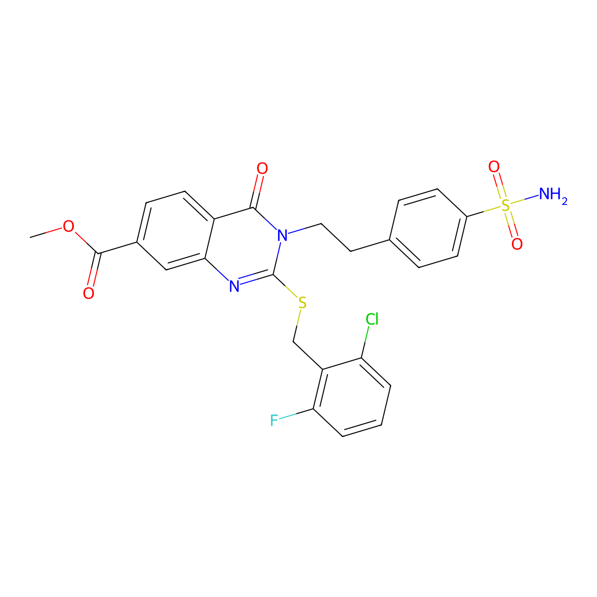Methyl 2-((2-chloro-6-fluorobenzyl)thio)-4-oxo-3-(4-sulfamoylphenethyl)-3,4-dihydroquinazoline-7-carboxylate molecular structure, CAS 443350-21-8