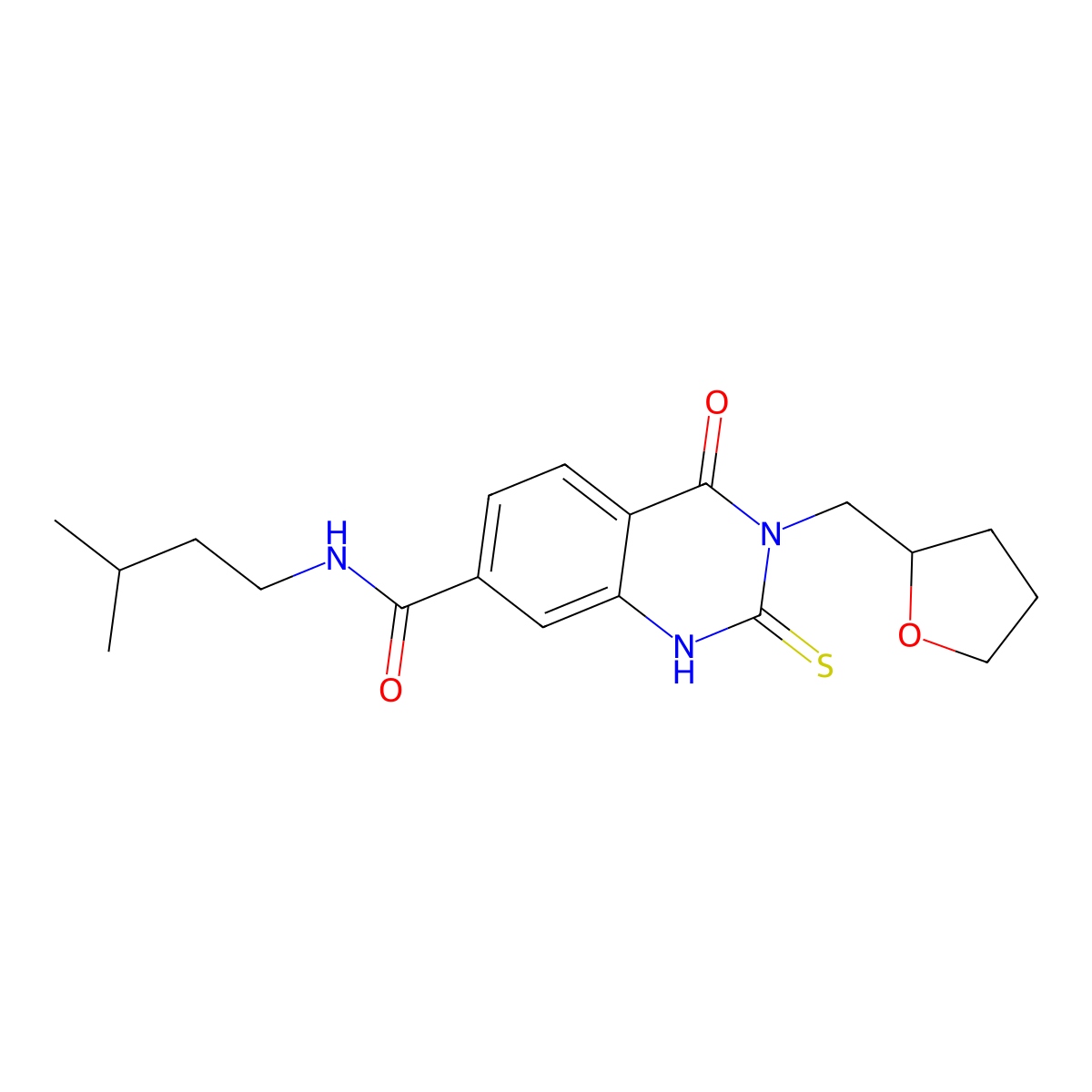N-(3-methylbutyl)-4-oxo-3-(oxolan-2-ylmethyl)-2-sulfanylidene-1H-quinazoline-7-carboxamide molecular structure, CAS 443350-28-5