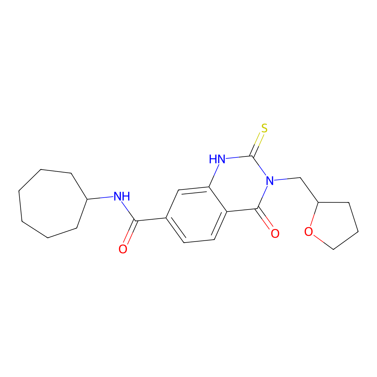 N-cycloheptyl-4-oxo-3-((tetrahydrofuran-2-yl)methyl)-2-thioxo-1,2,3,4-tetrahydroquinazoline-7-carboxamide molecular structure, CAS 443350-29-6