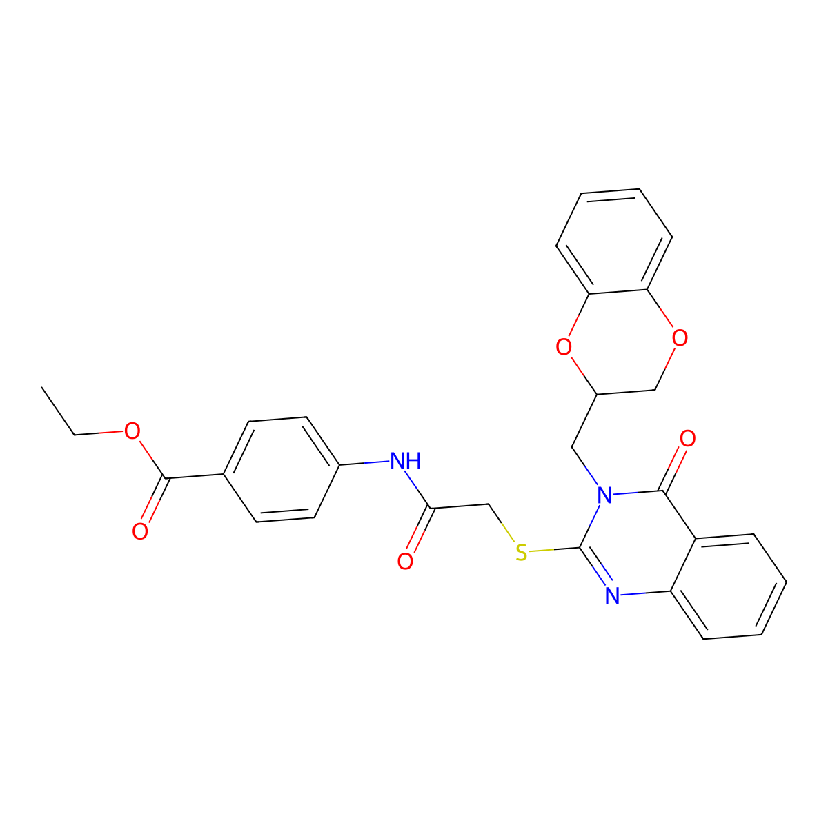Ethyl 4-(2-((3-((2,3-dihydrobenzo[b][1,4]dioxin-2-yl)methyl)-4-oxo-3,4-dihydroquinazolin-2-yl)thio)acetamido)benzoate molecular structure, CAS 443351-00-6