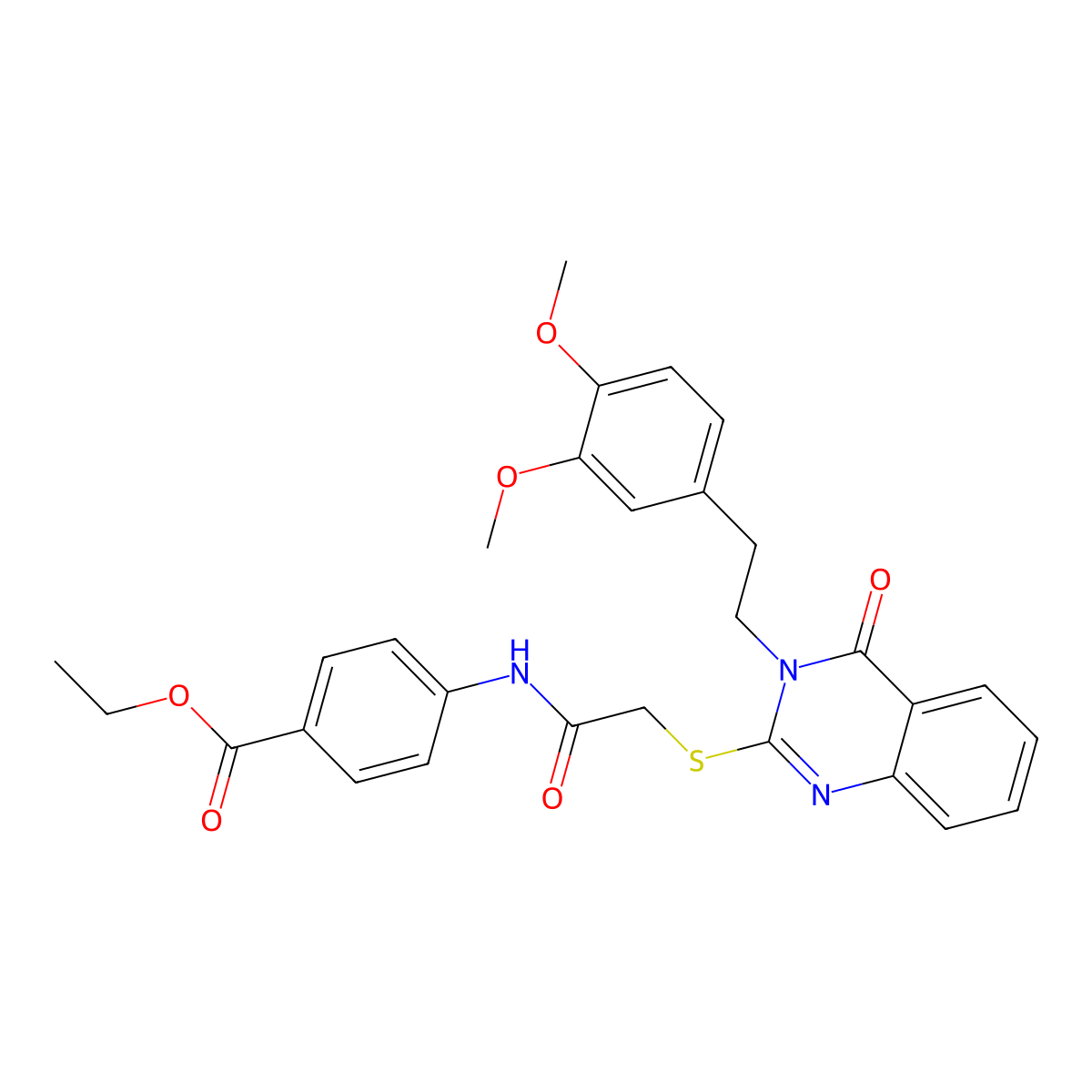 Ethyl 4-[2-({3-[2-(3,4-dimethoxyphenyl)ethyl]-4-oxo-3,4-dihydroquinazolin-2-yl}sulfanyl)acetamido]benzoate molecular structure, CAS 443351-46-0