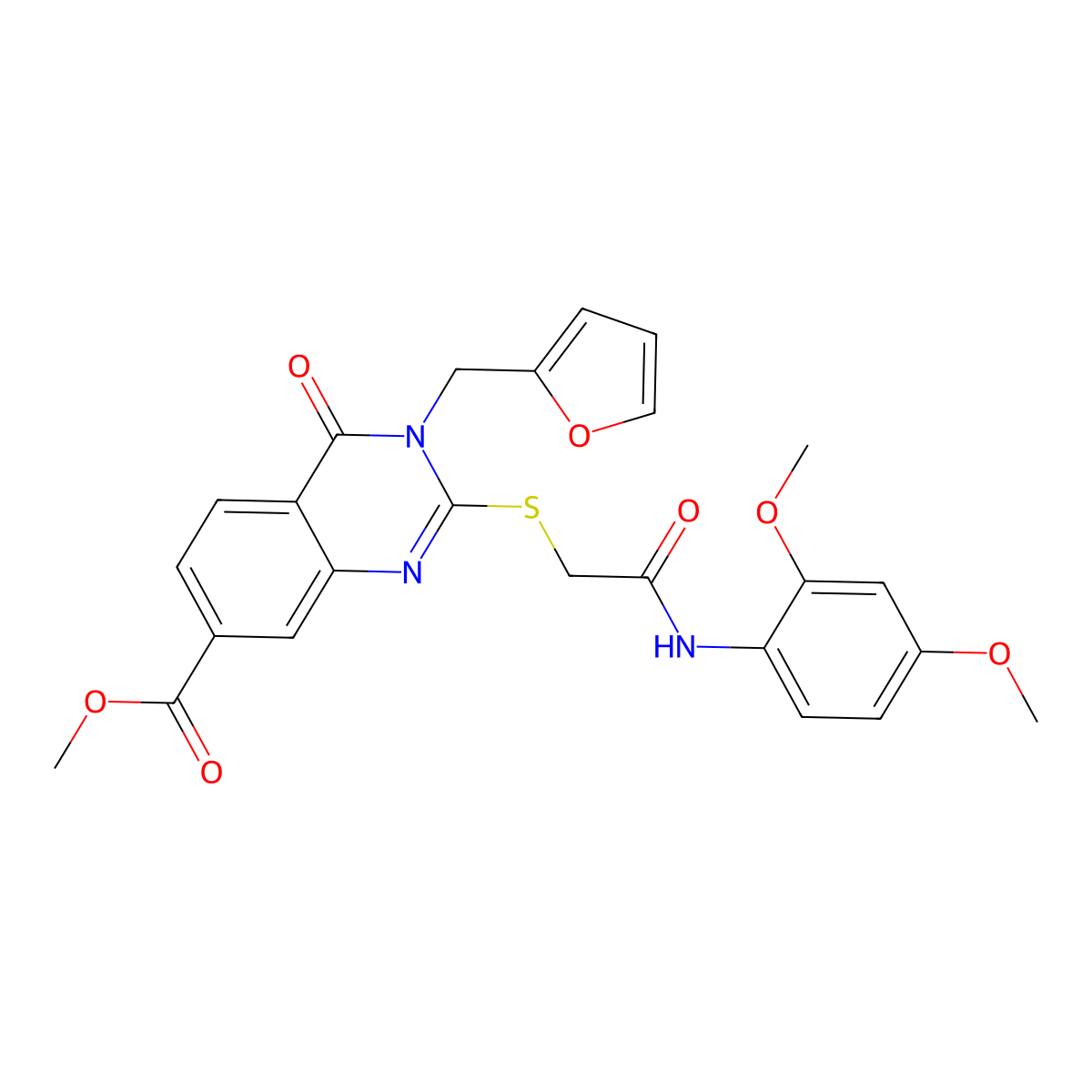 Methyl 2-((2-((2,4-dimethoxyphenyl)amino)-2-oxoethyl)thio)-3-(furan-2-ylmethyl)-4-oxo-3,4-dihydroquinazoline-7-carboxylate molecular structure, CAS 443352-20-3