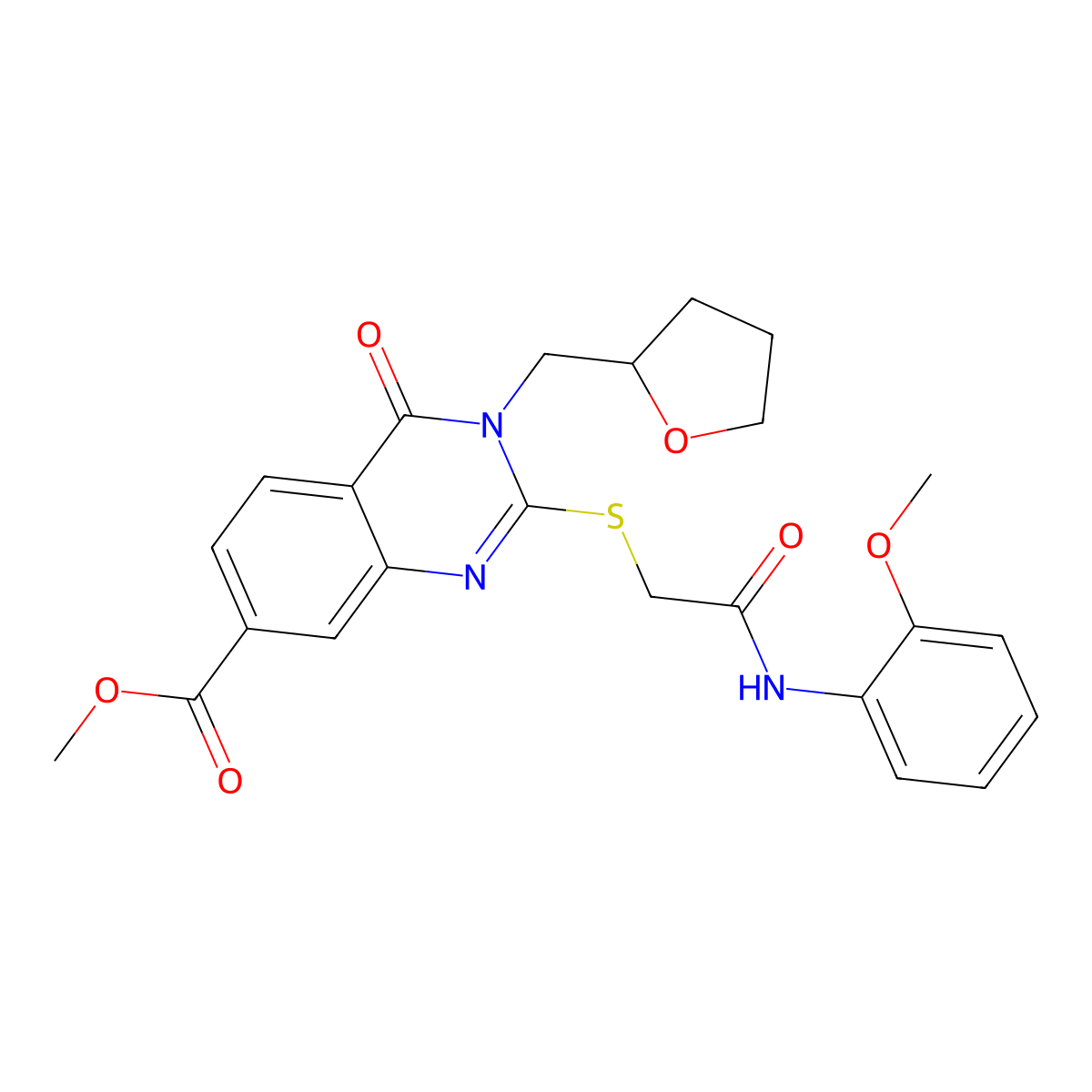 Methyl 2-({2-[(2-methoxyphenyl)amino]-2-oxoethyl}thio)-4-oxo-3-(tetrahydrofuran-2-ylmethyl)-3,4-dihydroquinazoline-7-carboxylate molecular structure, CAS 443352-99-6