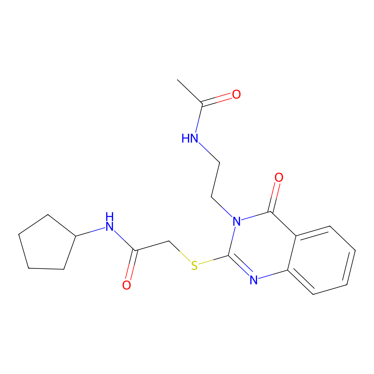 2-((3-(2-acetamidoethyl)-4-oxo-3,4-dihydroquinazolin-2-yl)thio)-N-cyclopentylacetamide molecular structure, CAS 443355-23-5