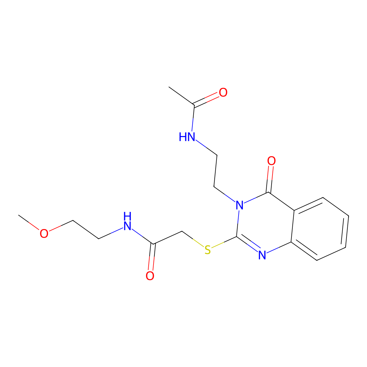 2-((3-(2-acetamidoethyl)-4-oxo-3,4-dihydroquinazolin-2-yl)thio)-N-(2-methoxyethyl)acetamide molecular structure, CAS 443355-27-9