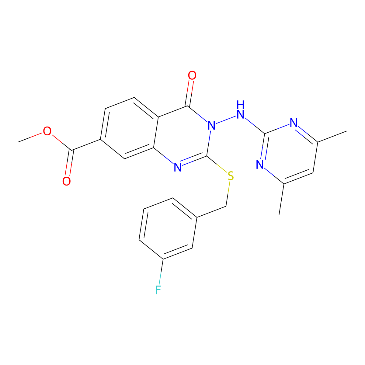 Methyl 3-[(4,6-dimethylpyrimidin-2-yl)amino]-2-[(3-fluorophenyl)methylsulfanyl]-4-oxoquinazoline-7-carboxylate molecular structure, CAS 443356-11-4
