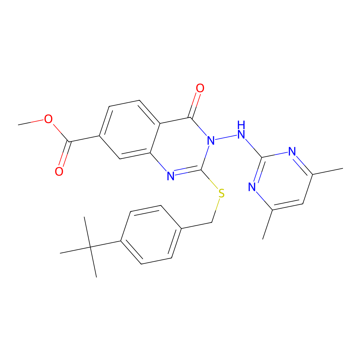 Methyl 2-[(4-tert-butylphenyl)methylsulfanyl]-3-[(4,6-dimethylpyrimidin-2-yl)amino]-4-oxoquinazoline-7-carboxylate molecular structure, CAS 443356-13-6