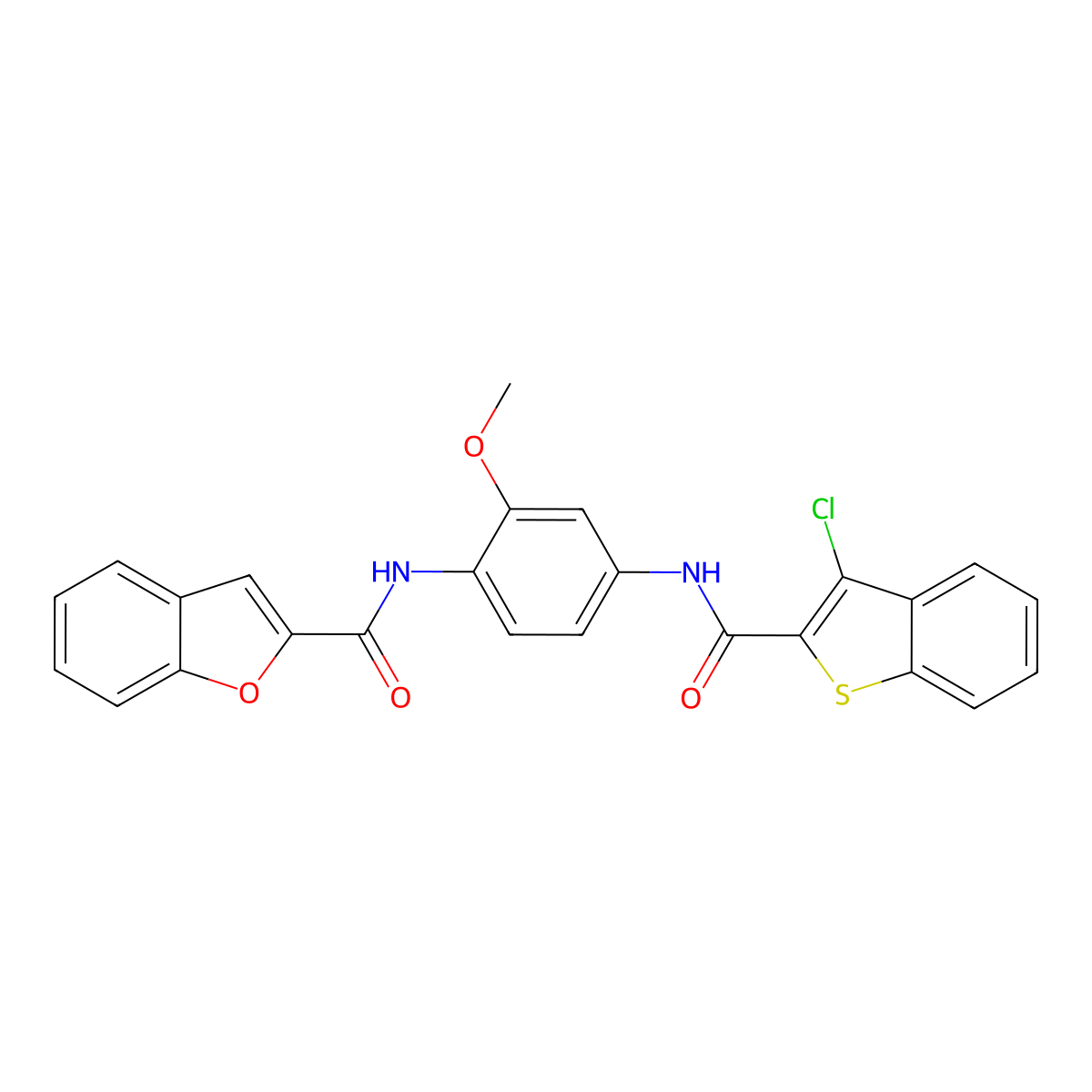 N-(4-{[(3-chloro-1-benzothien-2-yl)carbonyl]amino}-2-methoxyphenyl)-1-benzofuran-2-carboxamide molecular structure, CAS 443635-18-5
