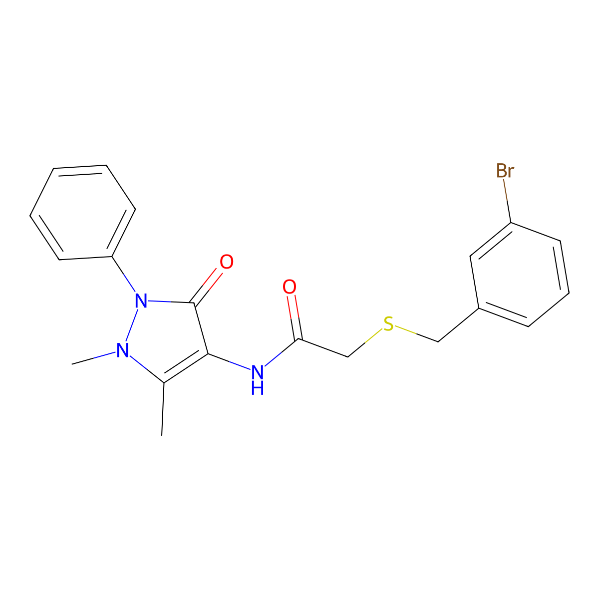 2-[(3-bromophenyl)methylsulfanyl]-N-(1,5-dimethyl-3-oxo-2-phenylpyrazol-4-yl)acetamide molecular structure, CAS 443635-63-0