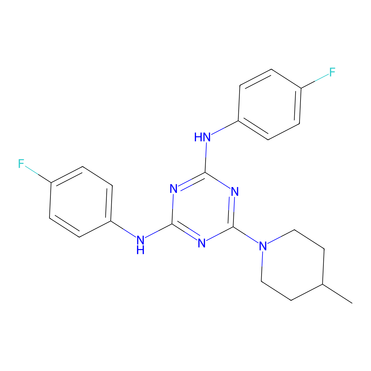 N,N'-bis(4-fluorophenyl)-6-(4-methylpiperidin-1-yl)-1,3,5-triazine-2,4-diamine molecular structure, CAS 443638-99-1
