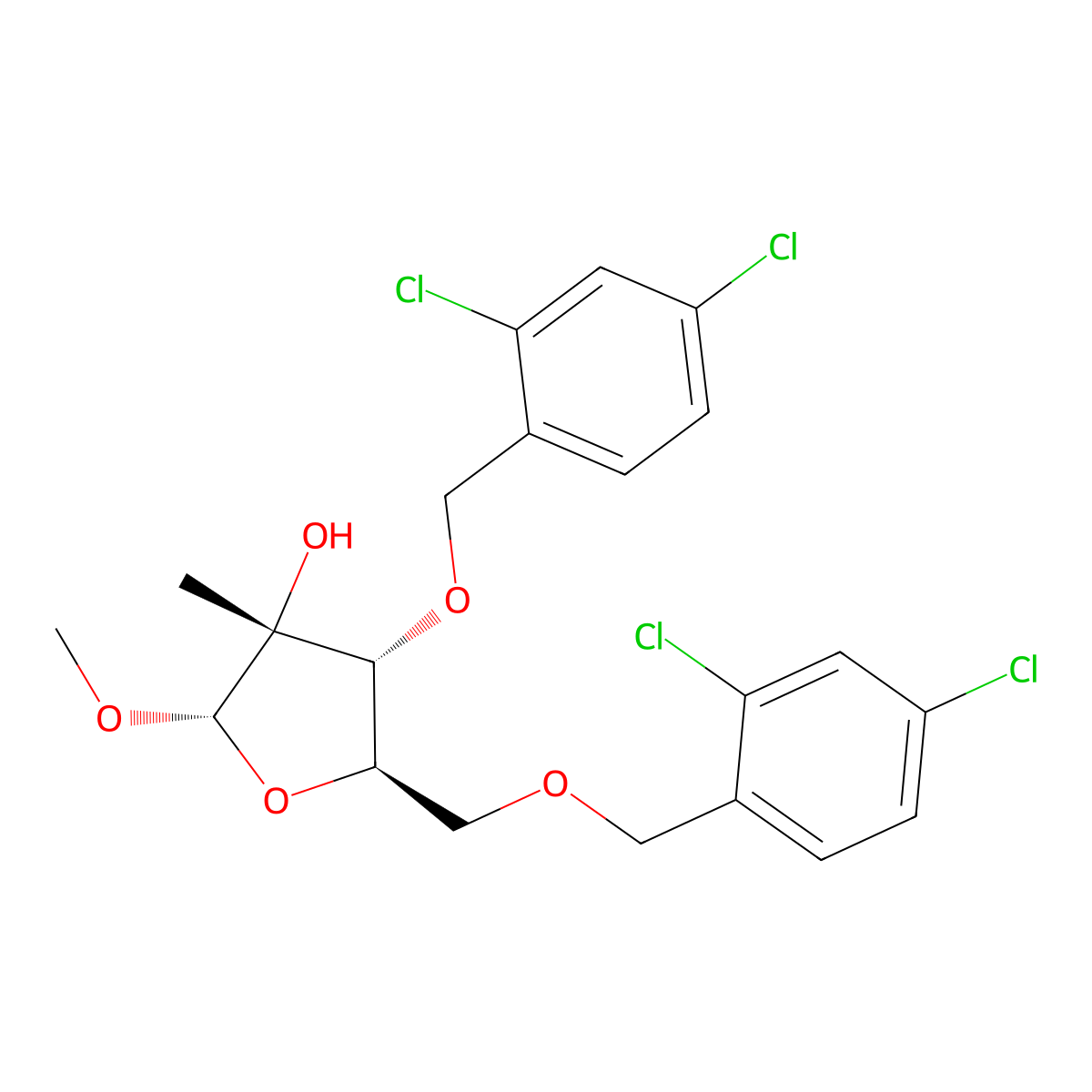 Methyl 3,5-bis-O-((2,4-dichlorophenyl)methyl)-2-C-methyl-alpha-D-ribofuranoside molecular structure, CAS 443642-31-7