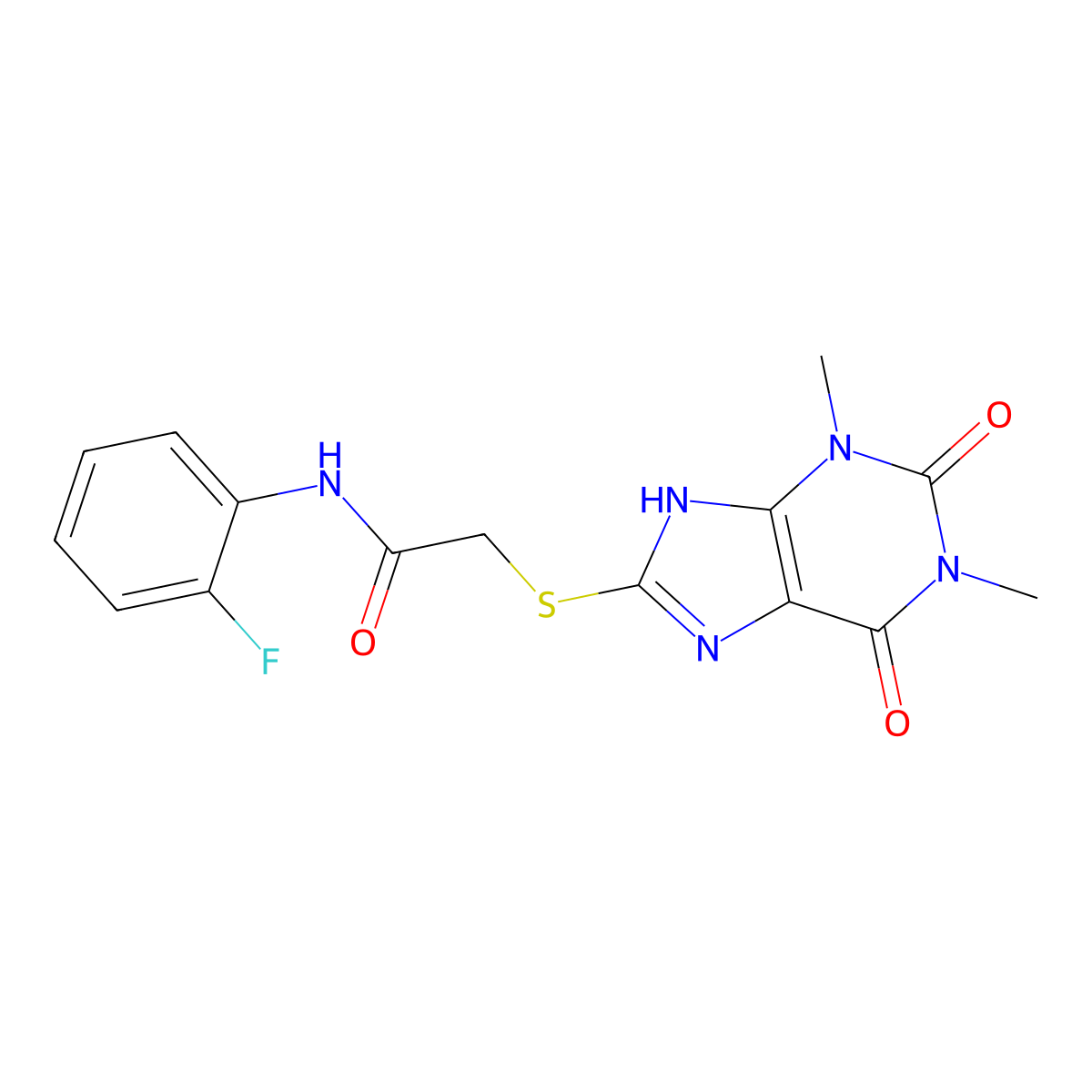 2-((1,3-dimethyl-2,6-dioxo-2,3,6,9-tetrahydro-1H-purin-8-yl)thio)-N-(2-fluorophenyl)acetamide molecular structure, CAS 443644-59-5