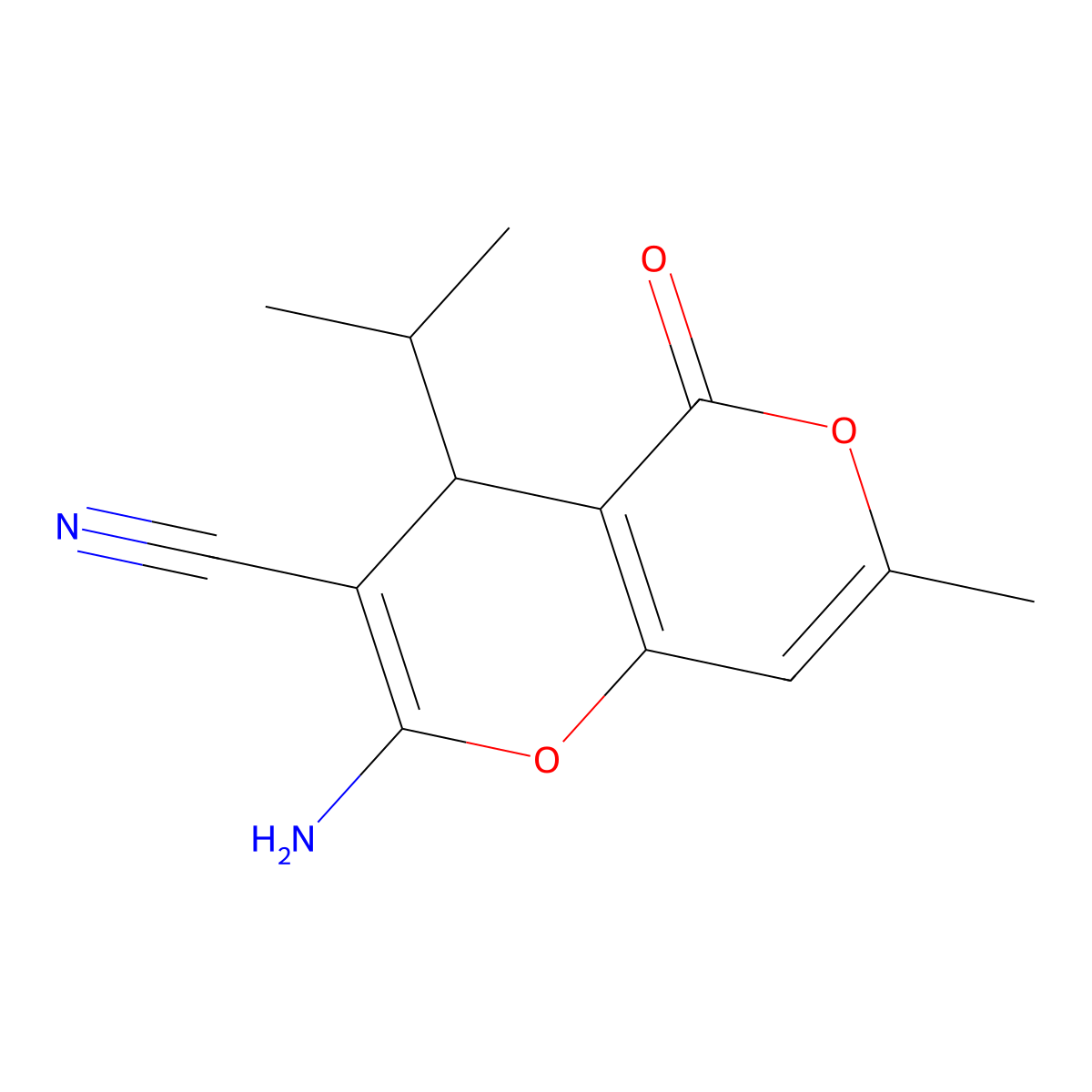 2-Amino-4-isopropyl-7-methyl-5-oxo-4H,5H-pyrano[4,3-b]pyran-3-carbonitrile molecular structure, CAS 443646-94-4