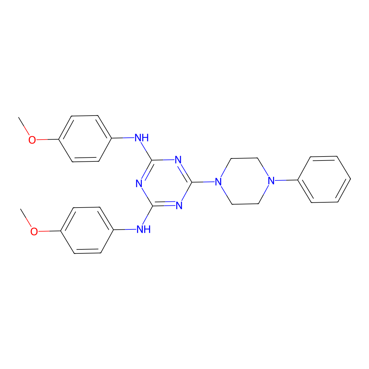 N,N'-bis(4-methoxyphenyl)-6-(4-phenylpiperazin-1-yl)-1,3,5-triazine-2,4-diamine molecular structure, CAS 443647-16-3