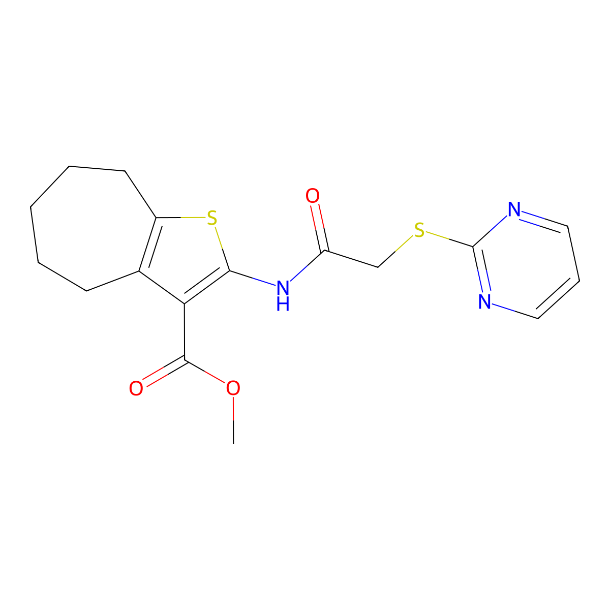 methyl 2-{[(pyrimidin-2-ylsulfanyl)acetyl]amino}-5,6,7,8-tetrahydro-4H-cyclohepta[b]thiophene-3-carboxylate molecular structure, CAS 443659-11-8