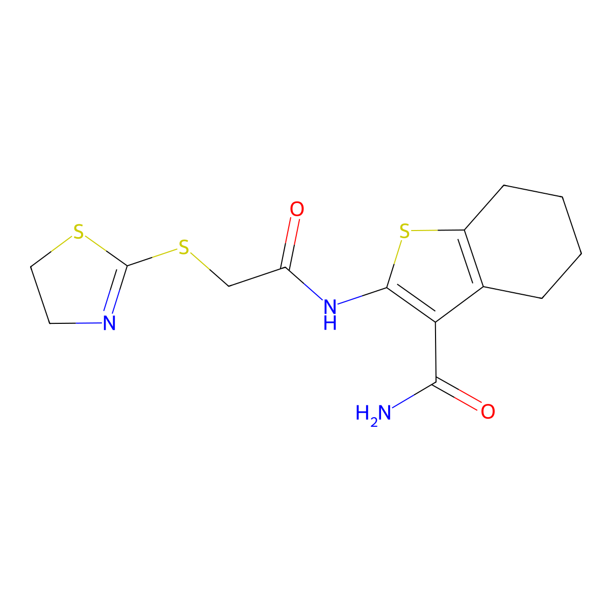 2-[[2-(4,5-Dihydro-1,3-thiazol-2-ylsulfanyl)acetyl]amino]-4,5,6,7-tetrahydro-1-benzothiophene-3-carboxamide molecular structure, CAS 443660-29-5