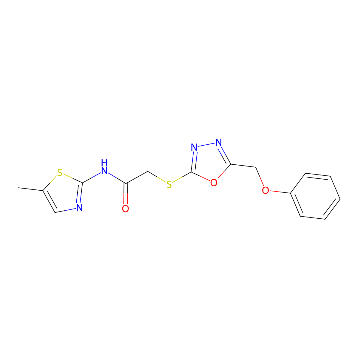 N-(5-methyl-1,3-thiazol-2-yl)-2-[[5-(phenoxymethyl)-1,3,4-oxadiazol-2-yl]sulfanyl]acetamide molecular structure, CAS 443663-69-2