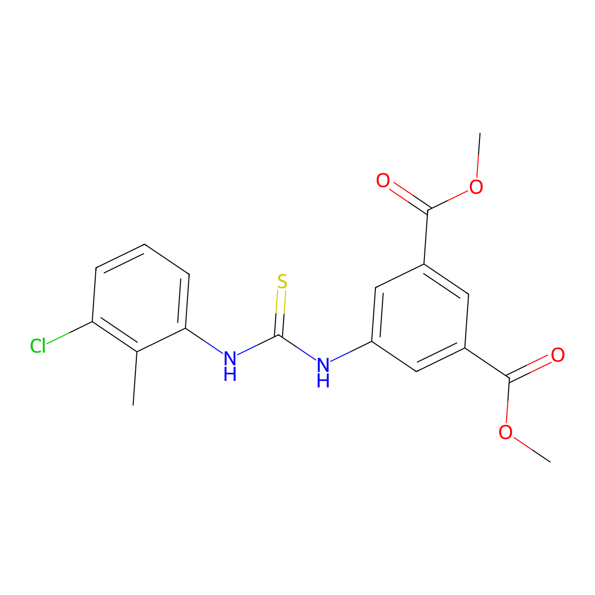 Dimethyl 5-{[(3-chloro-2-methylphenyl)carbamothioyl]amino}benzene-1,3-dicarboxylate molecular structure, CAS 443664-10-6