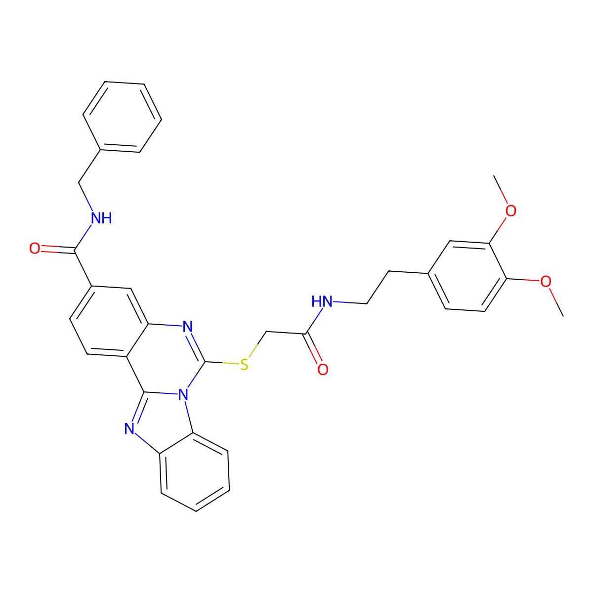 N-benzyl-9-[({[2-(3,4-dimethoxyphenyl)ethyl]carbamoyl}methyl)sulfanyl]-8,10,17-triazatetracyclo[8.7.0.0^{2,7}.0^{11,16}]heptadeca-1(17),2,4,6,8,11(16),12,14-octaene-5-carboxamide molecular structure, CAS 443670-68-6