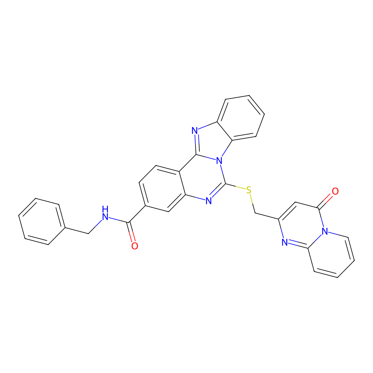 N-benzyl-6-[(4-oxopyrido[1,2-a]pyrimidin-2-yl)methylsulfanyl]benzimidazolo[1,2-c]quinazoline-3-carboxamide molecular structure, CAS 443670-71-1