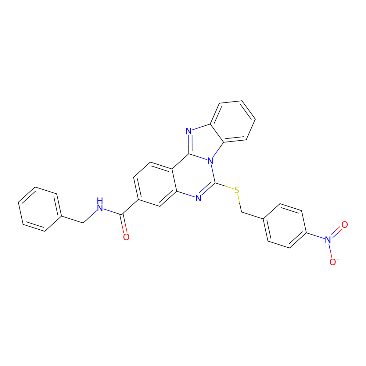 N-benzyl-6-[(4-nitrophenyl)methylsulfanyl]benzimidazolo[1,2-c]quinazoline-3-carboxamide molecular structure, CAS 443670-72-2