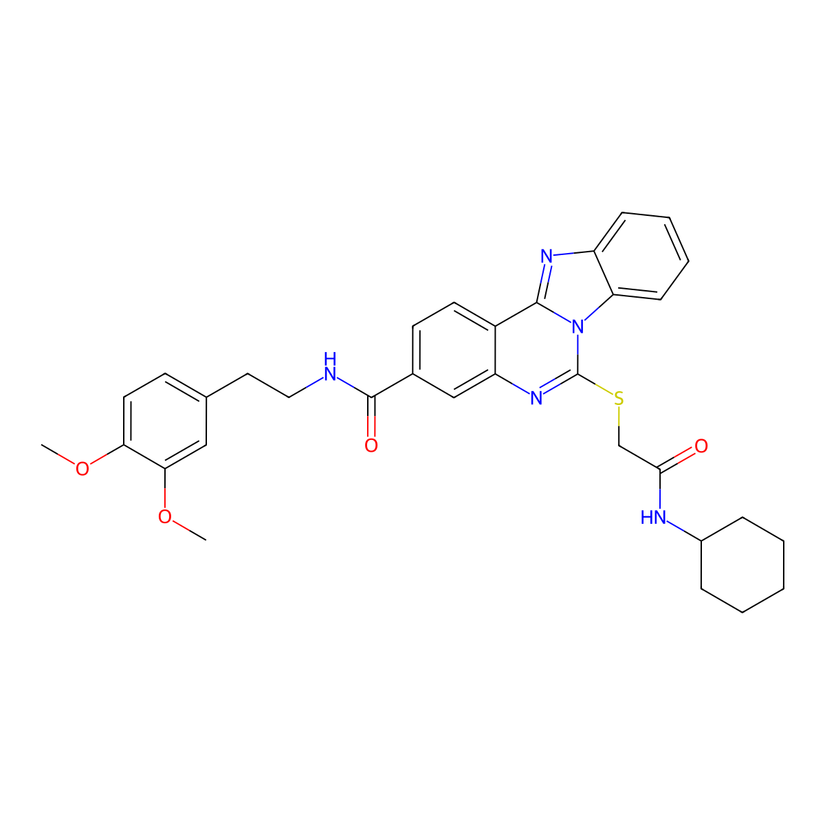 6-((2-(cyclohexylamino)-2-oxoethyl)thio)-N-(3,4-dimethoxyphenethyl)benzo[4,5]imidazo[1,2-c]quinazoline-3-carboxamide molecular structure, CAS 443670-78-8