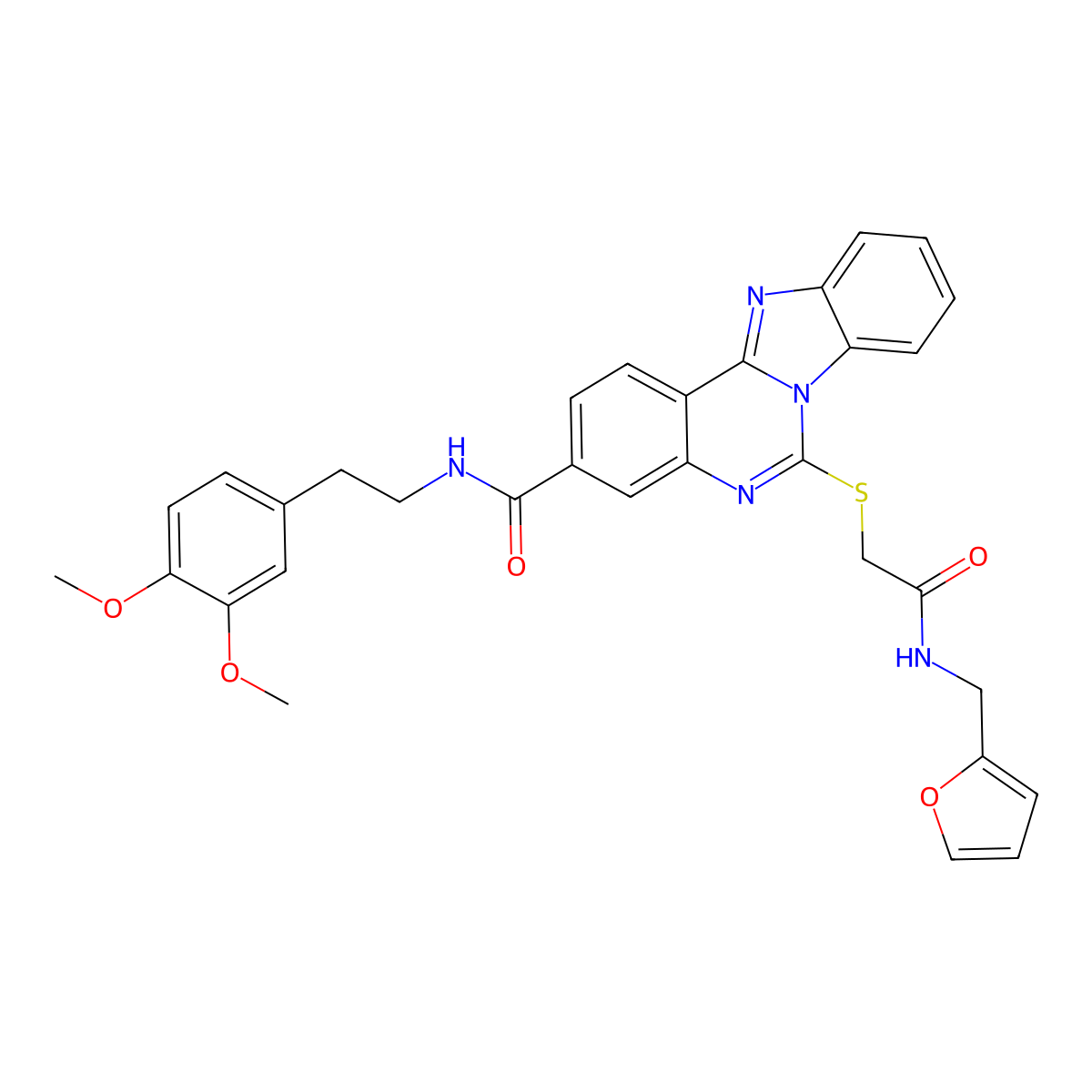 N-[2-(3,4-dimethoxyphenyl)ethyl]-9-[({[(furan-2-yl)methyl]carbamoyl}methyl)sulfanyl]-8,10,17-triazatetracyclo[8.7.0.0^{2,7}.0^{11,16}]heptadeca-1(17),2,4,6,8,11(16),12,14-octaene-5-carboxamide molecular structure, CAS 443670-80-2