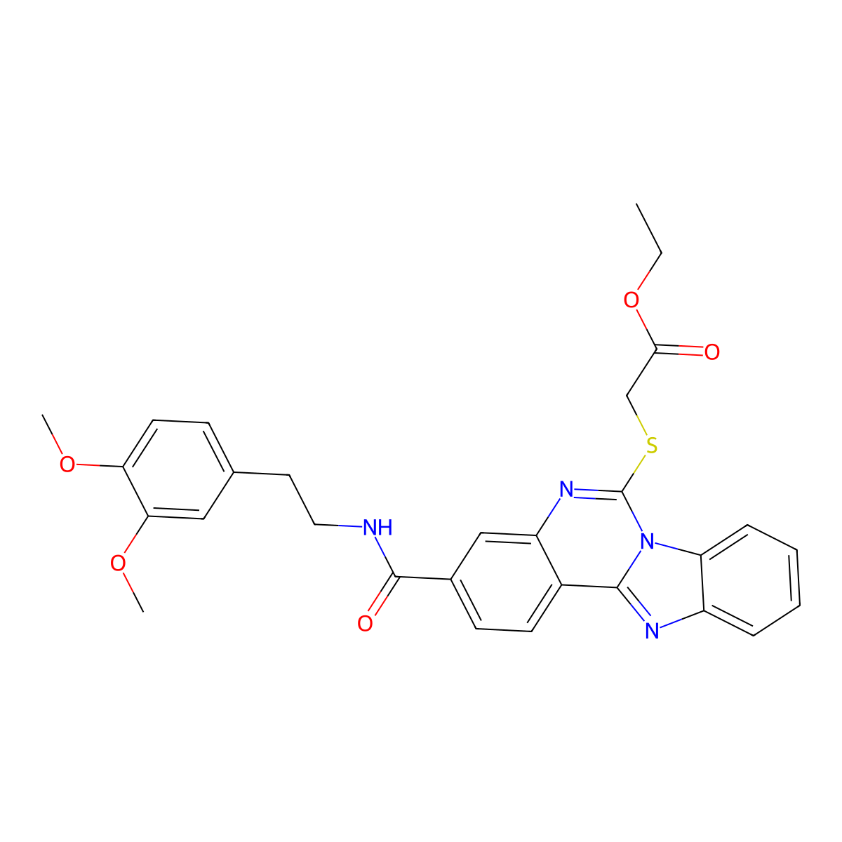Ethyl 2-[3-[2-(3,4-dimethoxyphenyl)ethylcarbamoyl]benzimidazolo[1,2-c]quinazolin-6-yl]sulfanylacetate molecular structure, CAS 443670-82-4