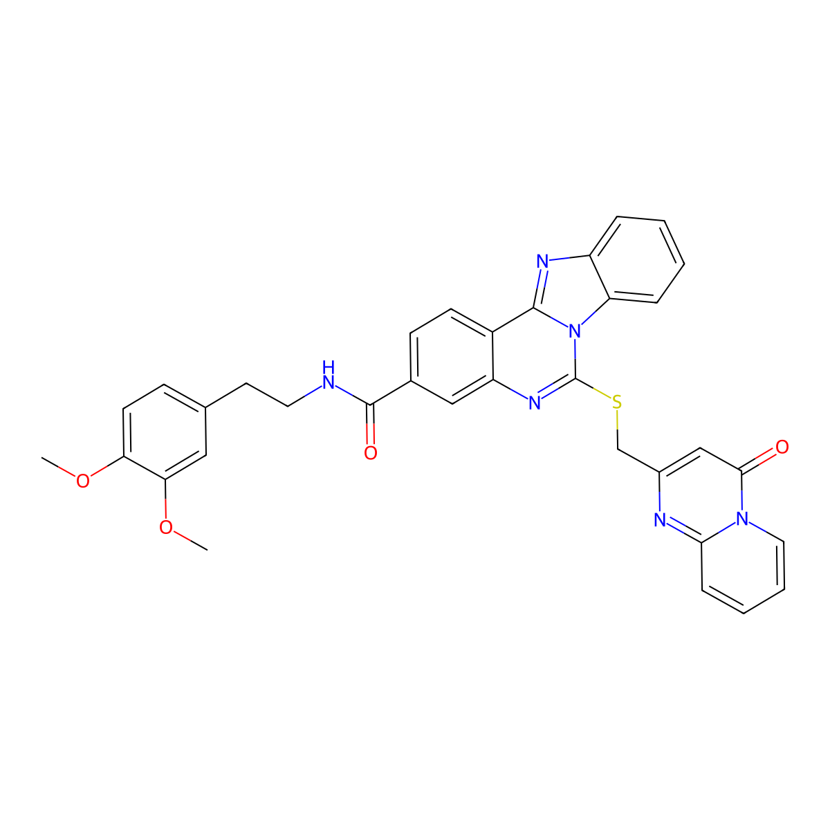 N-[2-(3,4-dimethoxyphenyl)ethyl]-9-[({4-oxo-4H-pyrido[1,2-a]pyrimidin-2-yl}methyl)sulfanyl]-8,10,17-triazatetracyclo[8.7.0.0^{2,7}.0^{11,16}]heptadeca-1(17),2,4,6,8,11(16),12,14-octaene-5-carboxamide molecular structure, CAS 443670-89-1