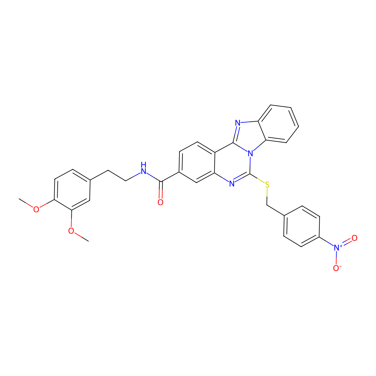 N-[2-(3,4-dimethoxyphenyl)ethyl]-6-[(4-nitrophenyl)methylsulfanyl]benzimidazolo[1,2-c]quinazoline-3-carboxamide molecular structure, CAS 443670-94-8