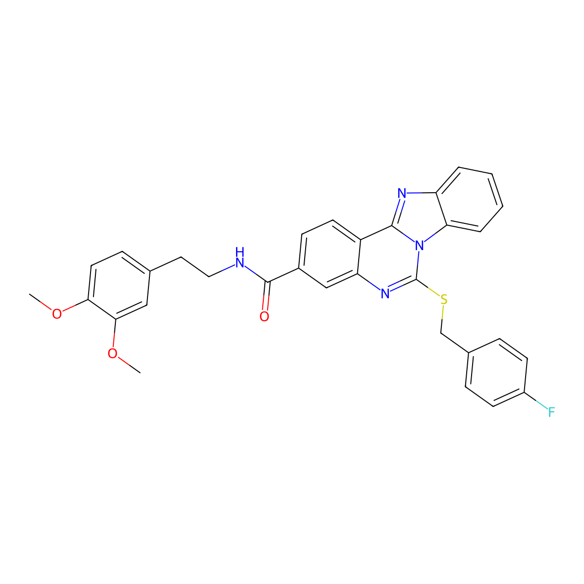 N-[2-(3,4-dimethoxyphenyl)ethyl]-6-[(4-fluorophenyl)methylsulfanyl]benzimidazolo[1,2-c]quinazoline-3-carboxamide molecular structure, CAS 443670-96-0
