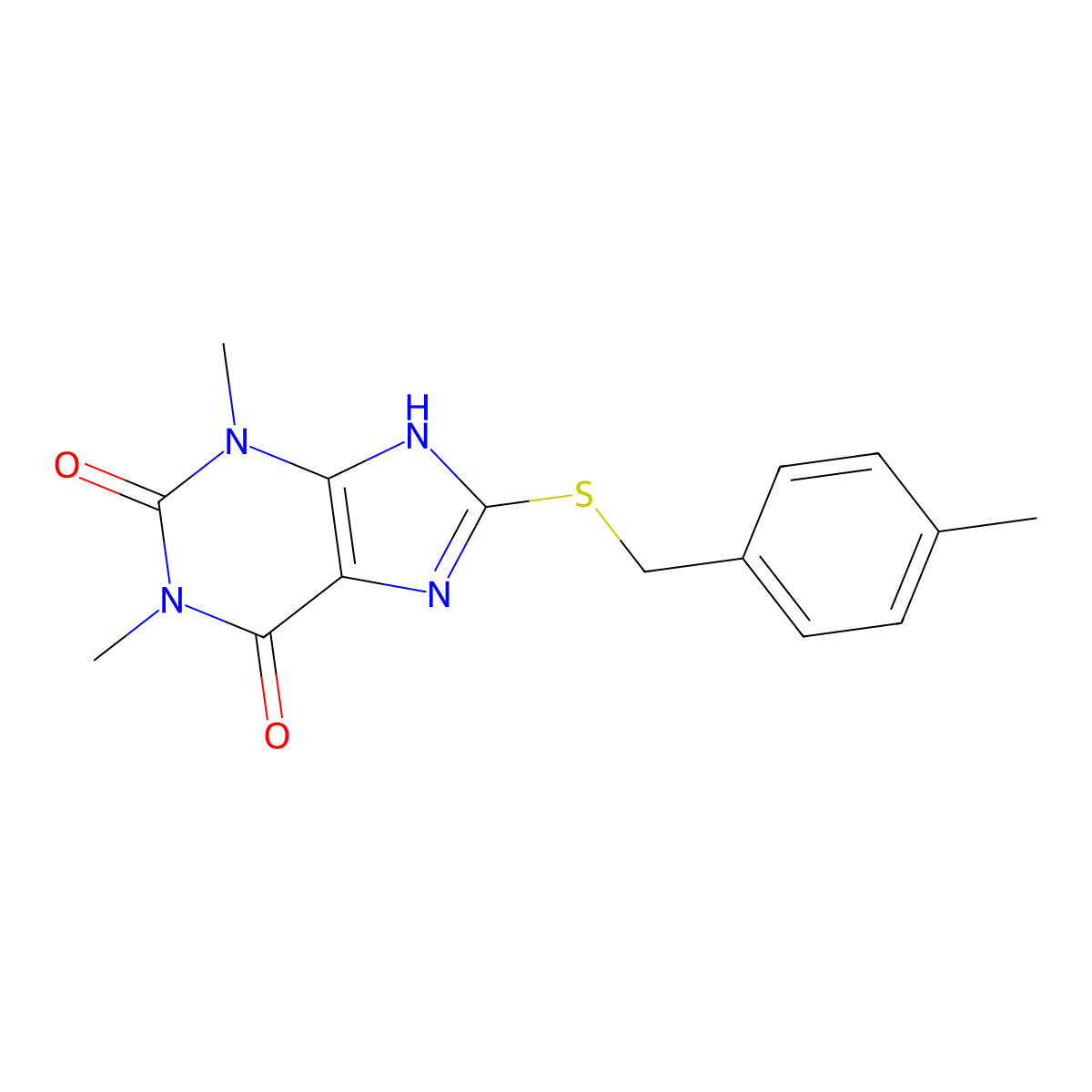 1,3-dimethyl-8-((4-methylbenzyl)thio)-1H-purine-2,6(3H,7H)-dione molecular structure, CAS 443675-16-9