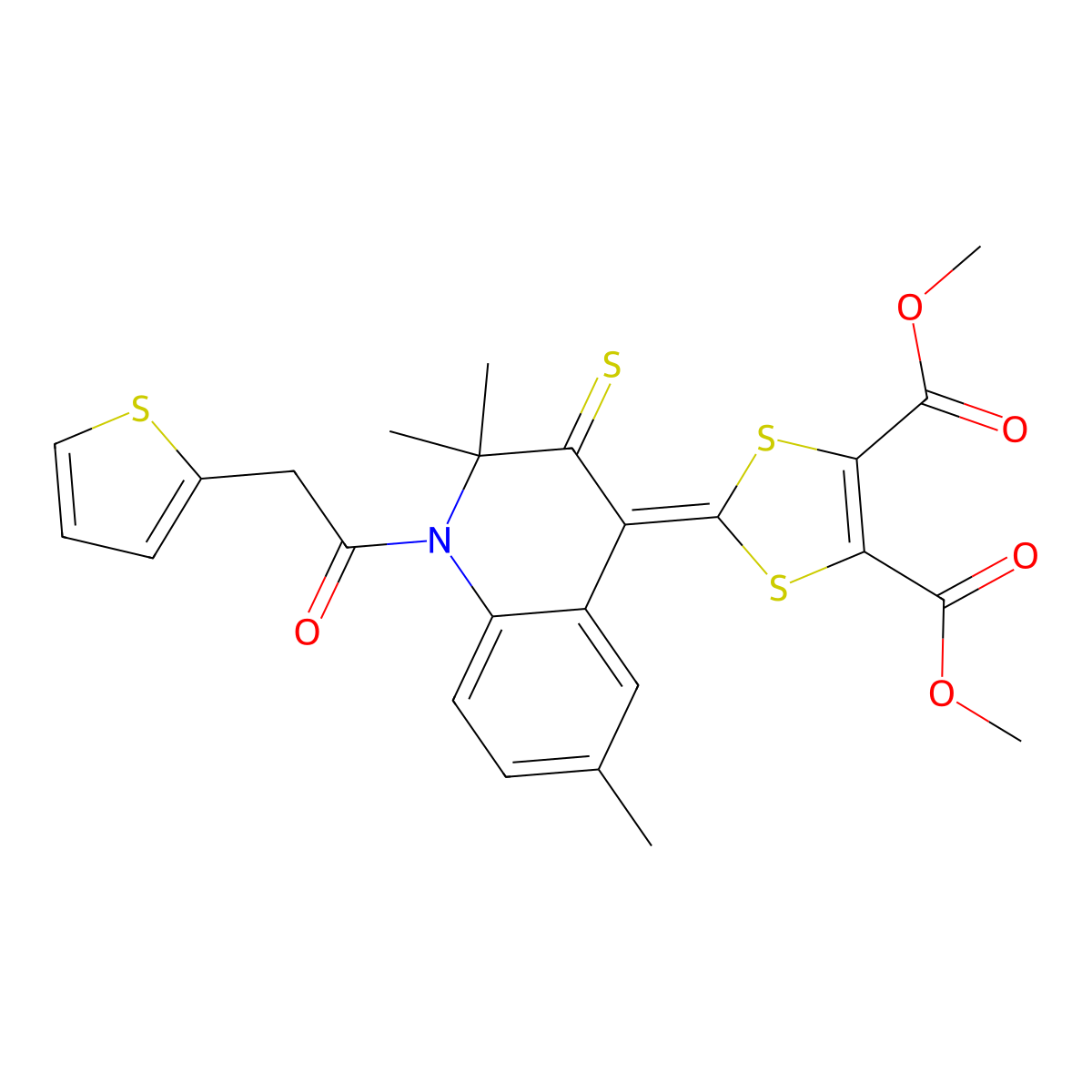 dimethyl 2-[2,2,6-trimethyl-1-(thiophen-2-ylacetyl)-3-thioxo-2,3-dihydroquinolin-4(1H)-ylidene]-1,3-dithiole-4,5-dicarboxylate molecular structure, CAS 443676-80-0