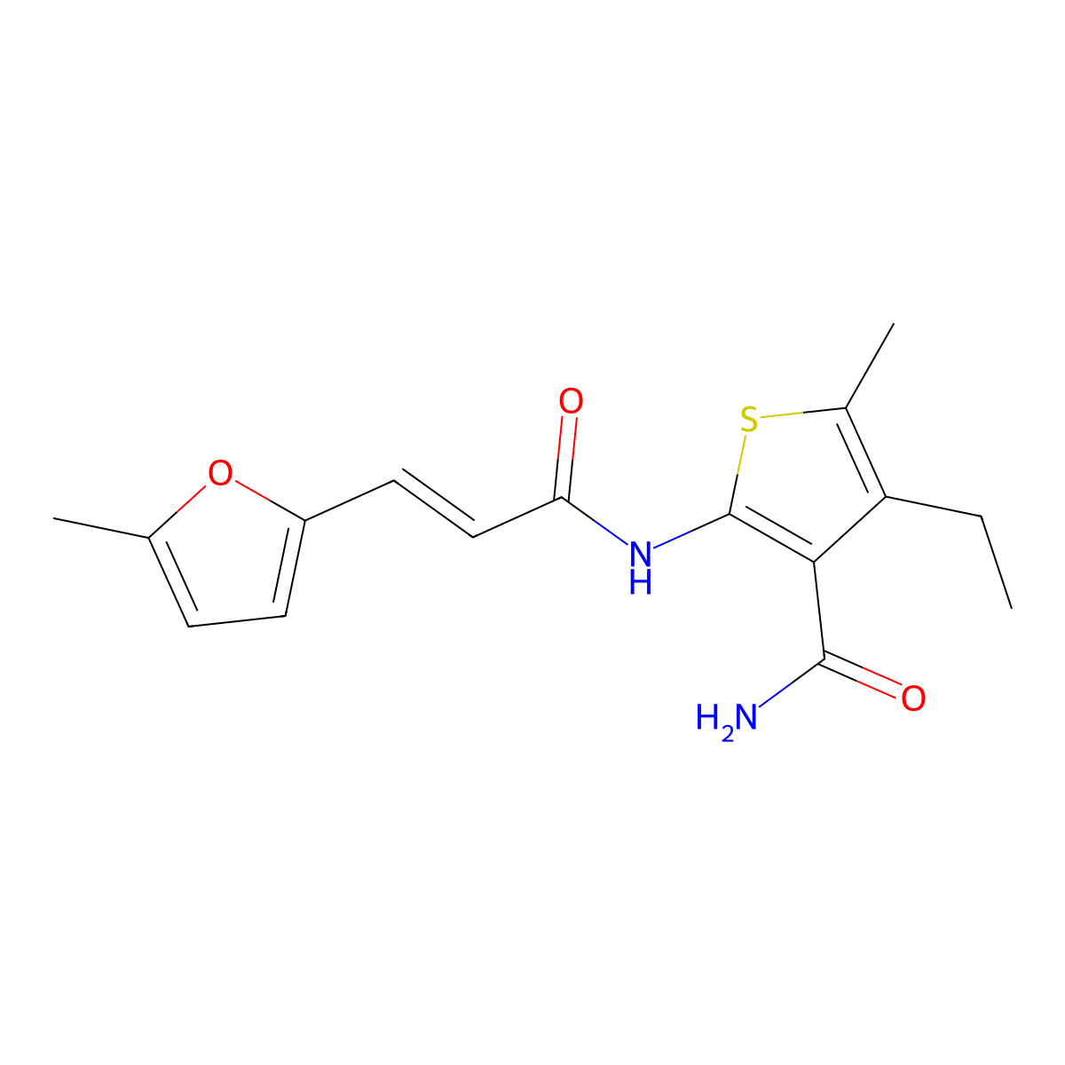 4-Ethyl-5-methyl-2-[3-(5-methylfuran-2-yl)prop-2-enoylamino]thiophene-3-carboxamide molecular structure, CAS 4437-48-3