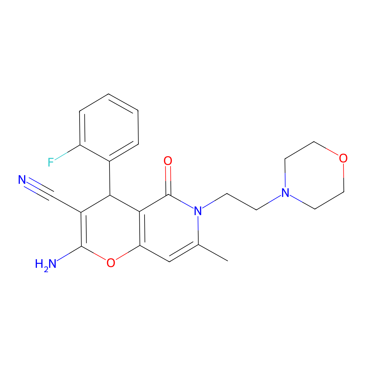 2-amino-4-(2-fluorophenyl)-7-methyl-6-(2-morpholinoethyl)-5-oxo-5,6-dihydro-4H-pyrano[3,2-c]pyridine-3-carbonitrile molecular structure, CAS 443733-02-6