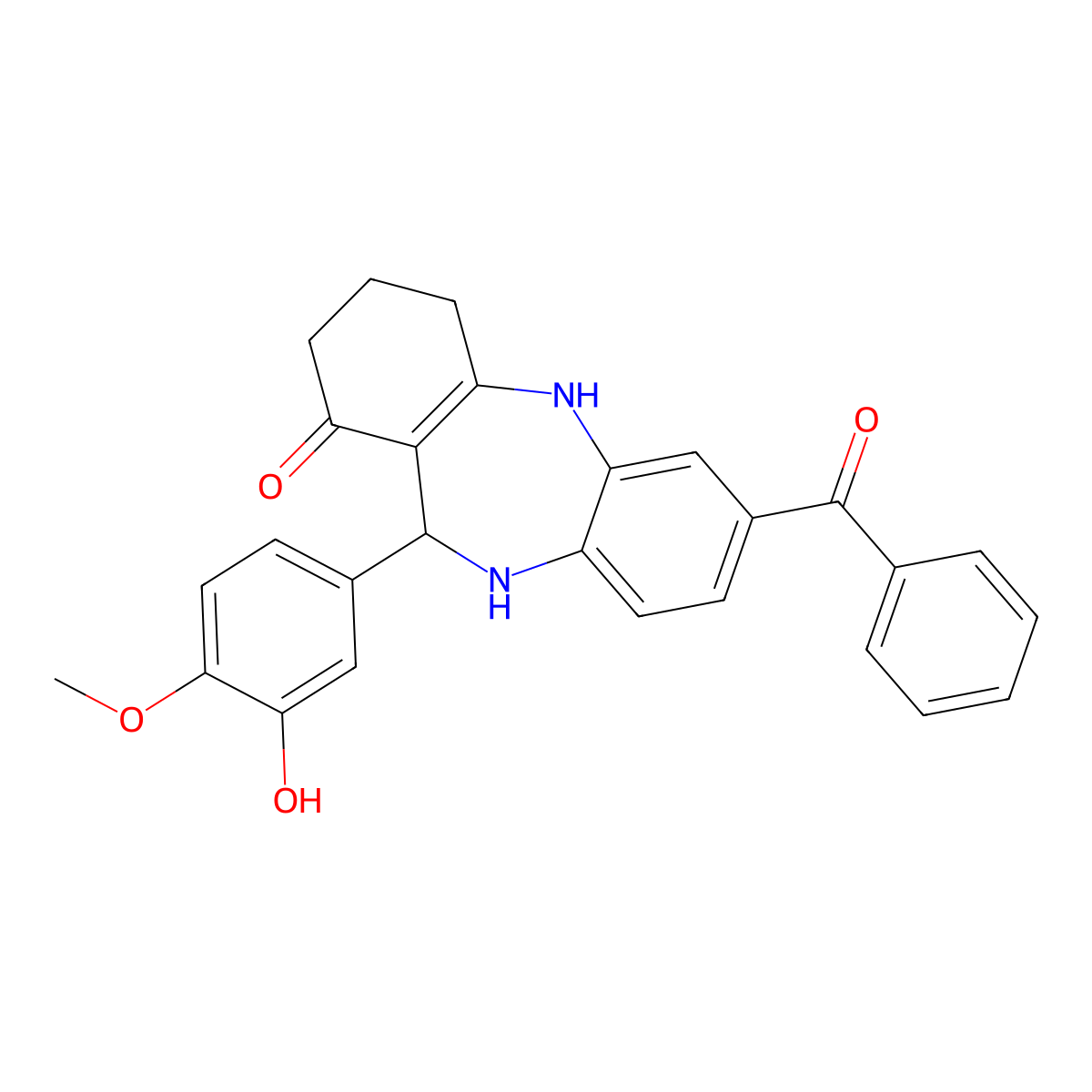 2-Benzoyl-6-(3-hydroxy-4-methoxyphenyl)-5,6,8,9,10,11-hexahydrobenzo[b][1,4]benzodiazepin-7-one molecular structure, CAS 443733-31-1