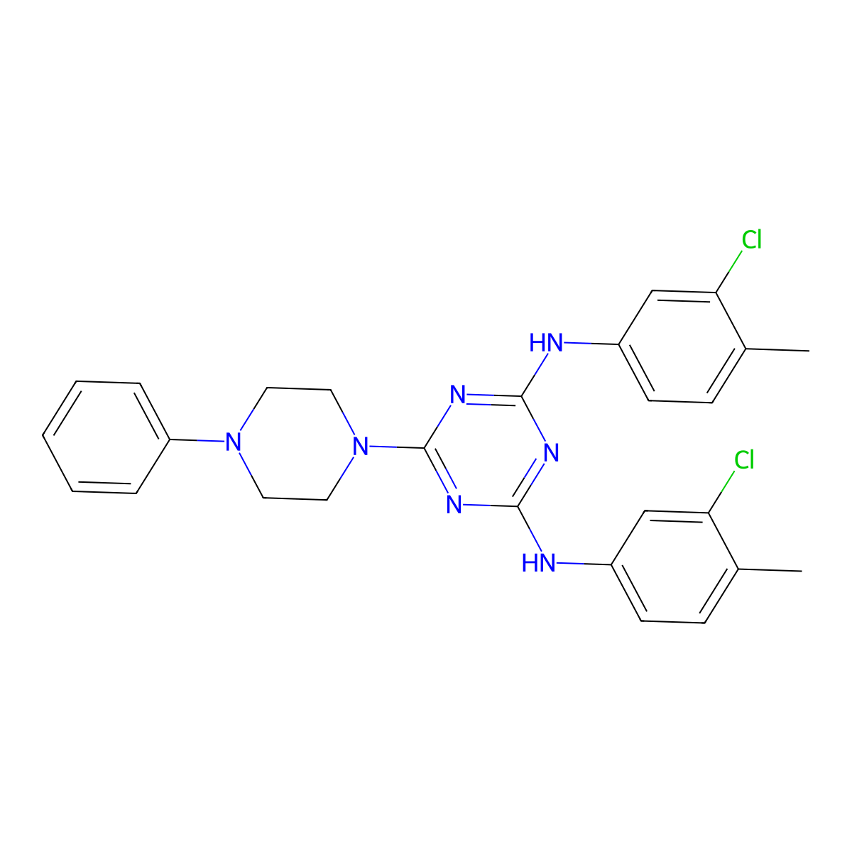 N,N'-bis(3-chloro-4-methylphenyl)-6-(4-phenyl-1-piperazinyl)-1,3,5-triazine-2,4-diamine molecular structure, CAS 443733-50-4
