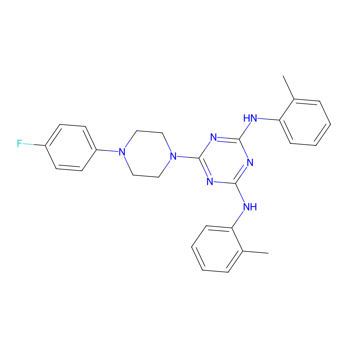 6-[4-(4-fluorophenyl)piperazin-1-yl]-N,N'-bis(2-methylphenyl)-1,3,5-triazine-2,4-diamine molecular structure, CAS 443735-50-0